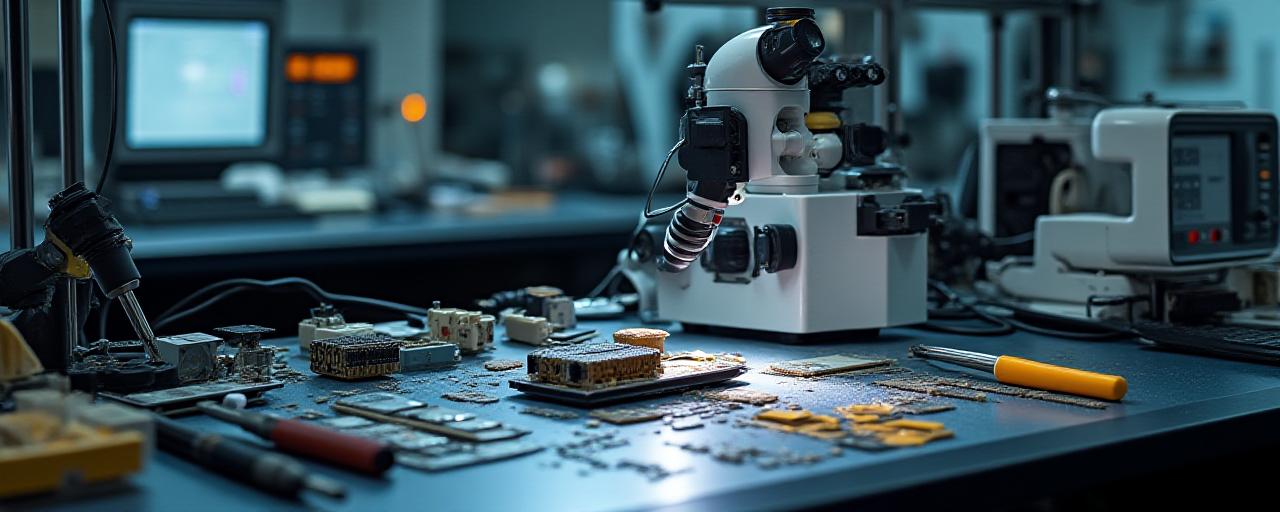 Strumenti di precisione e un microscopio in un laboratorio di elettronica
